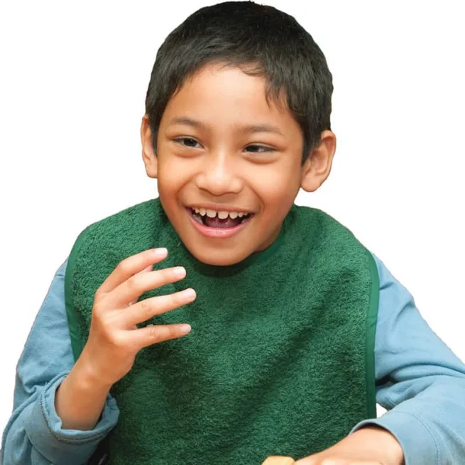 Boy wearing green cotton towelling apron WEB