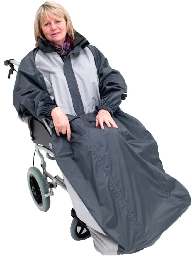 Woman in wheelchair wearing Black Grey wheelchair coat