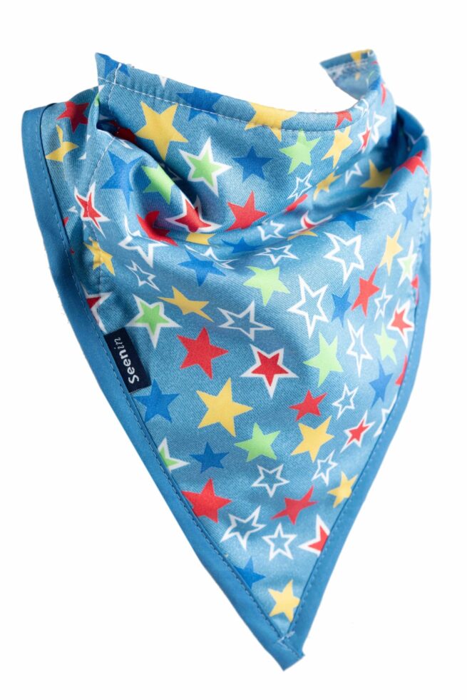 Blue denim with red and yellow stars print kerchief for children with special needs