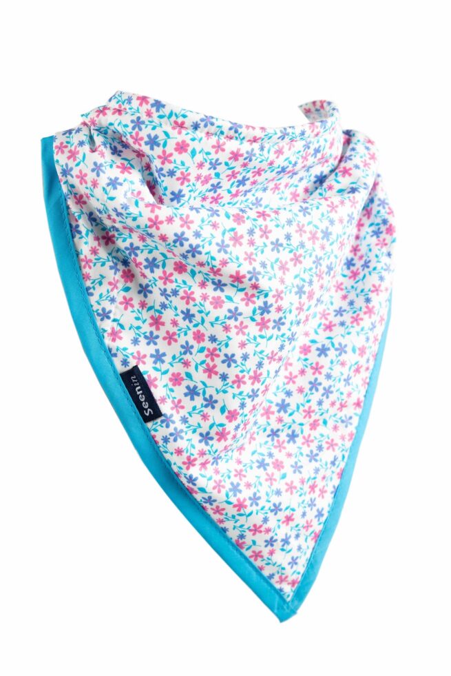 Blue white and pink flower print kerchief for children with special needs