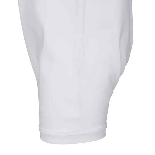 Close up of KayCey white polo bodysuit longer leg