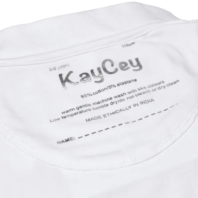 Close up of KayCey white polo bodysuit name label