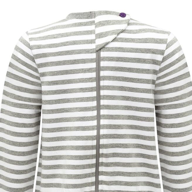 Kaycey Zip back jumpsuit in long sleeve, knee length in grey/white stripe - close up of back zip neckline