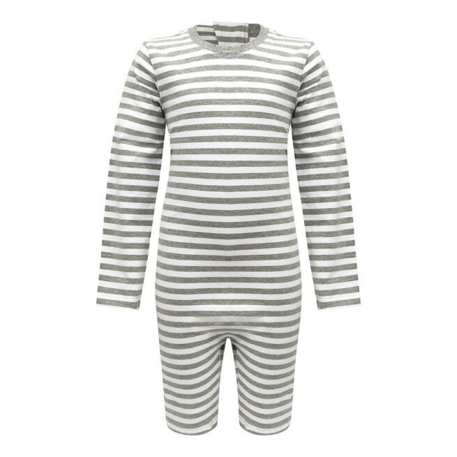 Kaycey Zip back jumpsuit in long sleeve, knee length in grey/white stripe - front image