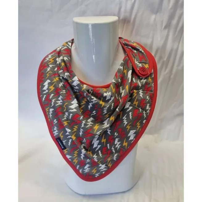 Side fastening kerchief in lightning bolt print (red, yellow, white and brown colours)