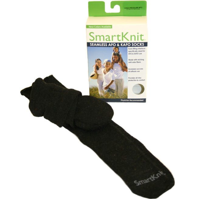 Black Smartknit AFO socks in front of packaging