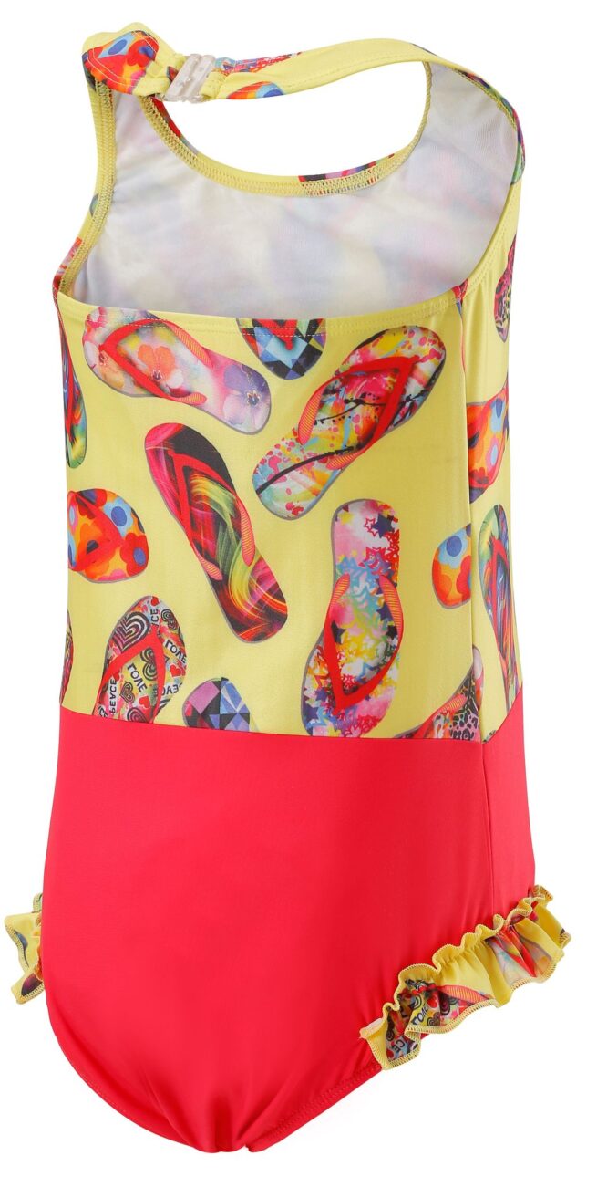 Kes Vir Halterneck Swimsuit in marigold flip flop print with contrasting plain coral colour BACK