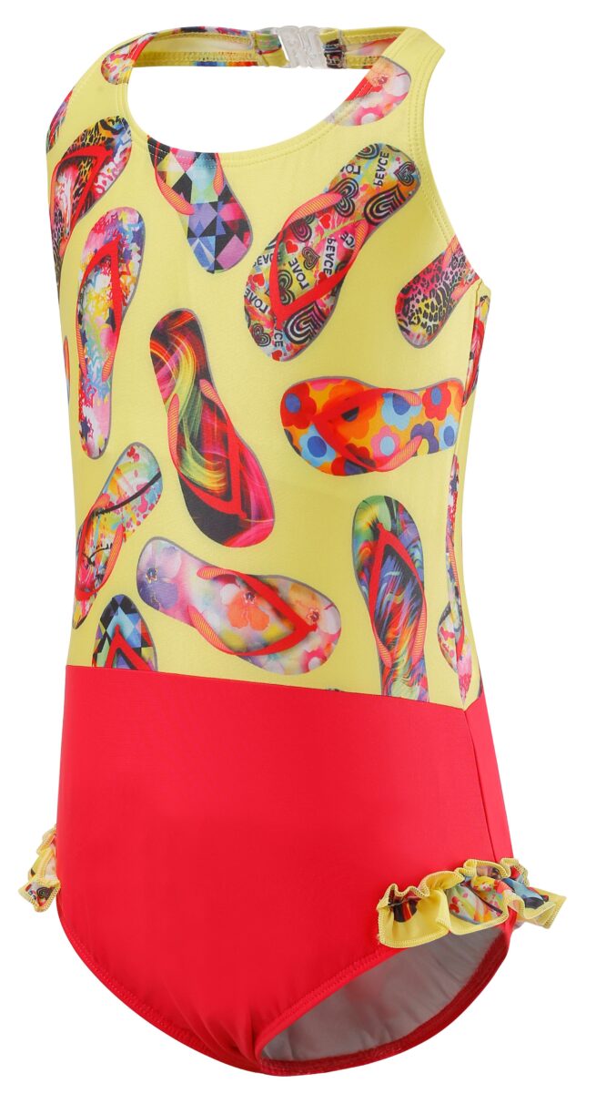 Kes Vir Halterneck Swimsuit in marigold flip flop print with contrasting plain coral colour FRONT