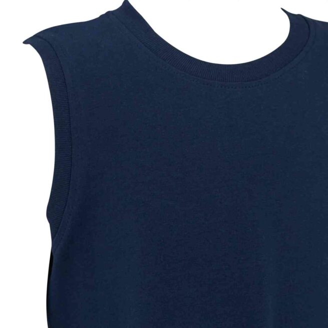 KayCey Sleeveless Popper Vest with tube access in Navy - Close up of neckline