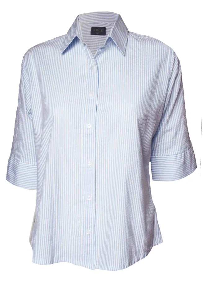 Product shot of soft blue stripe Camilla shirt