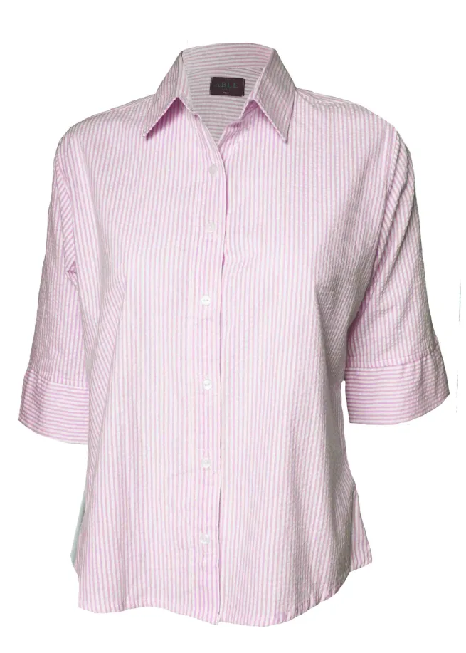 Product shot of the Camilla shirt on soft pink stripe