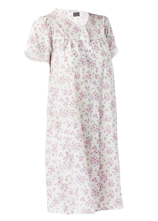 Product shot of knee length women's short sleeve nightdress in floral prink