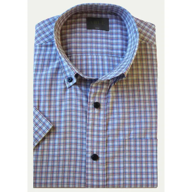 Product image. Men's short sleeve shirt folded. Includes with velcro fastening in seaspray blue check design