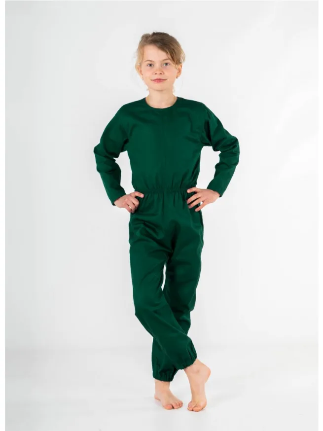 Girl standing with hands on hip. Girl wearing green, long sleeve, long leg, rip resistant bodysuit, front view