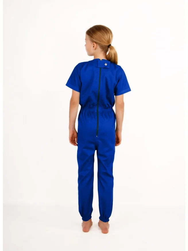 Back view of girl wearing royal blue zip back bodysuit with short sleeves and long legs