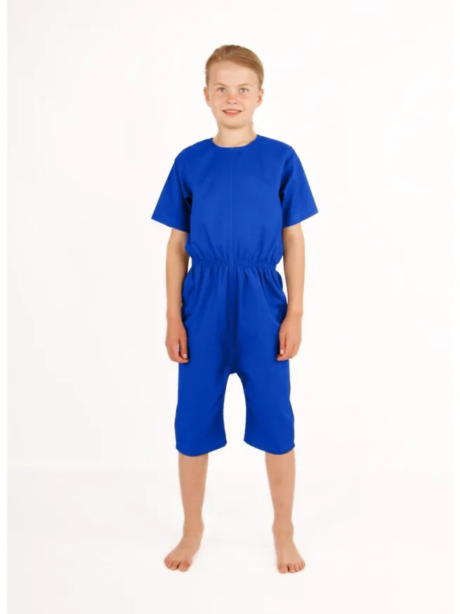 Boy wearing royal blue rip resistant bodysuit with short sleeves and knee length