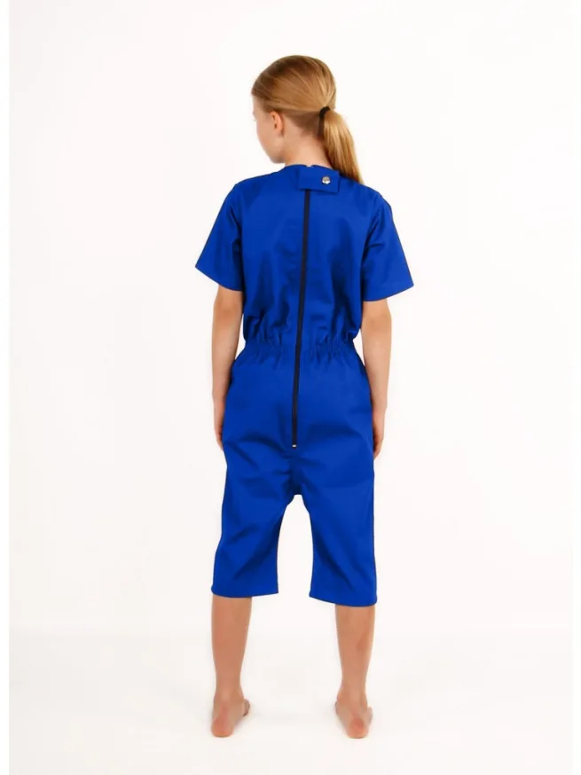 Girl wearing royal blue rip resistant bodysuit with short sleeves and knee length - back view