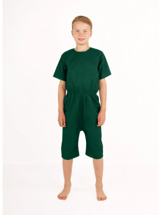 Boy wearing green rip resistant bodysuit with short sleeves and knee length