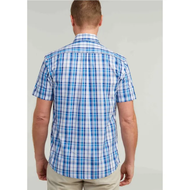 Back view of man wearing short sleeve Henry shirt