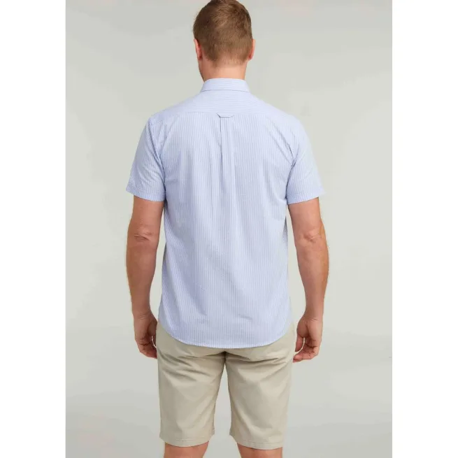 Back view of man wearing blue stripe short sleeve shirt and shorts