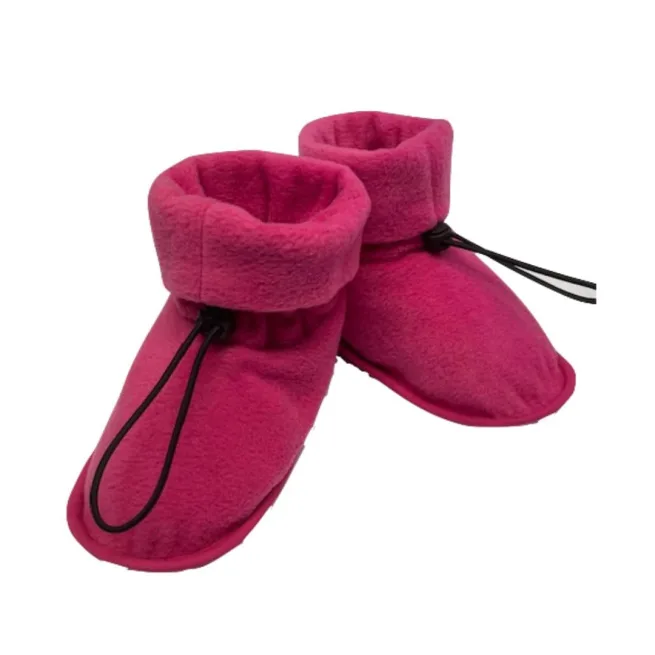 Pair of pink fleece slipper socks with black toggle