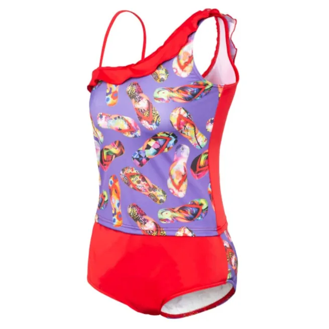 Kes-Vir Girl's Tankini with flip-flop print design and damson rose briefs - front image
