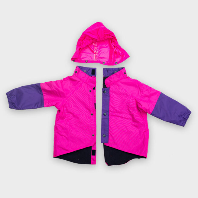 Willow Bug back fastening jacket in pink/purple - product shot of all 3 parts