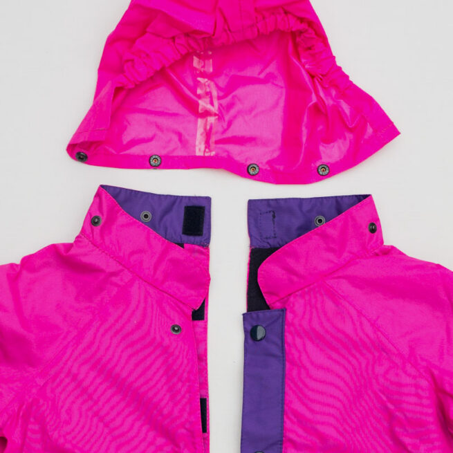 Willow Bug back fastening jacket in pink/purple - close up of hood