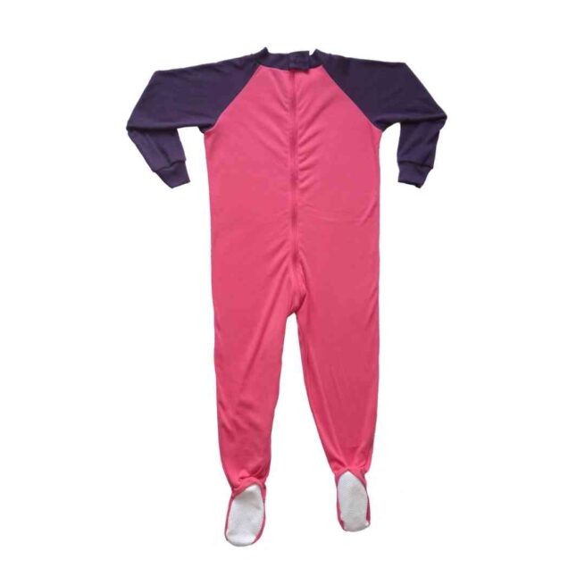 Zip back sleepsuit in Peach and Plum colour. Back view with feet