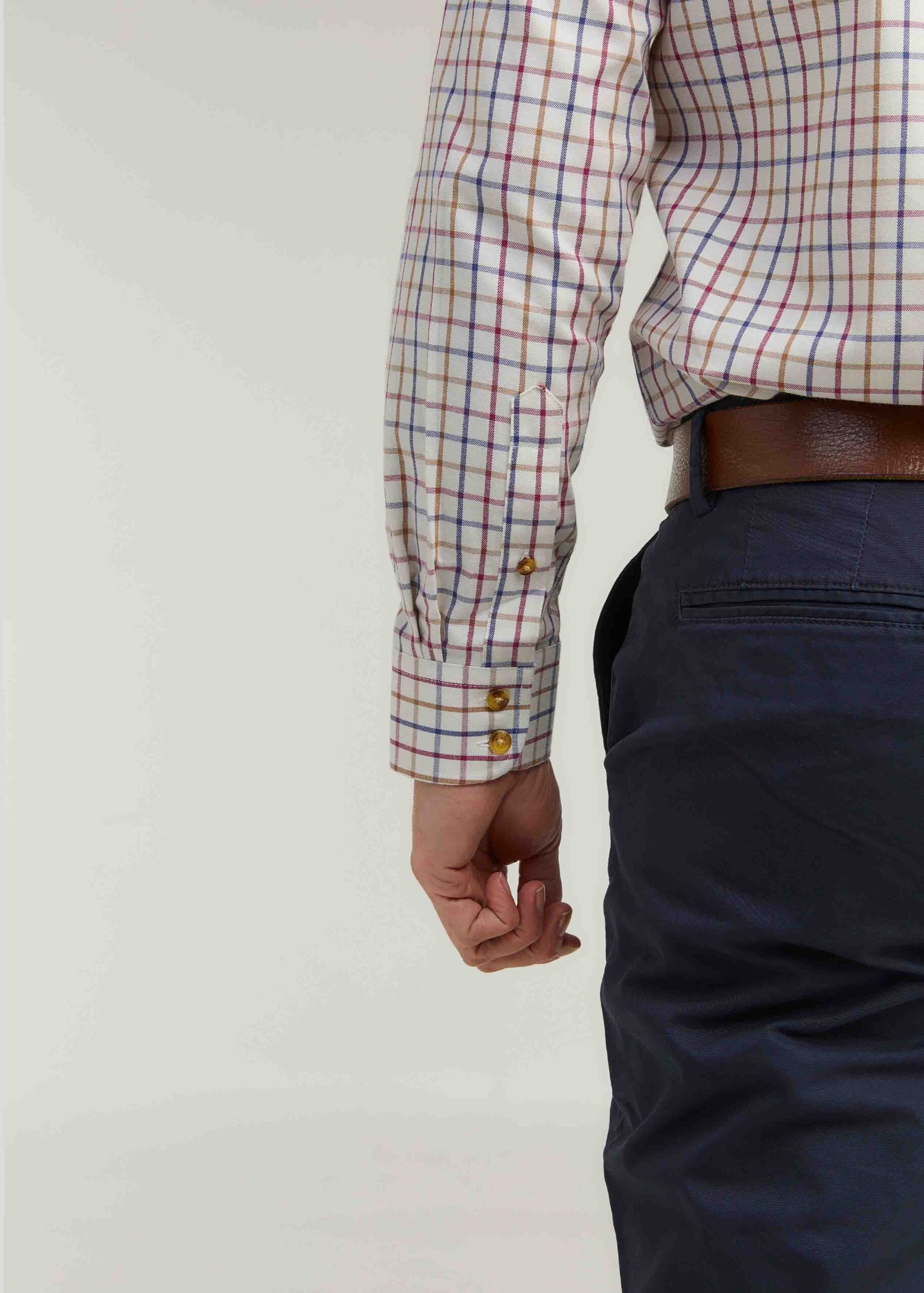 Close up of the sleeve/cuff of James shirt in plum