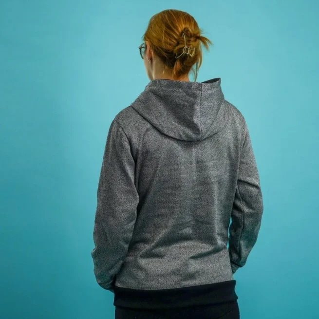 Woman wearing BitePro bite resistance hoodies with thumbholes - Back