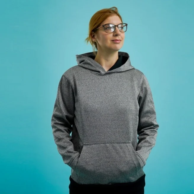 Woman wearing BitePro bite resistance hoodies with thumbholes - Front