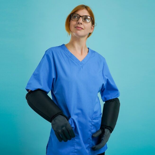 Woman wearing BitePRO® Bite Resistant gloves - short