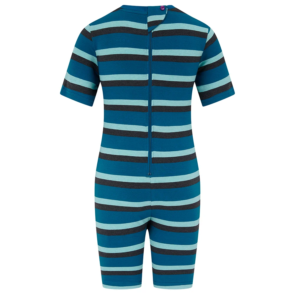 KayCey® Signature Stripes Short Sleeve Knee Length Zip Back Jumpsuit Tropical Teal-Jelly Mint-Charcoal