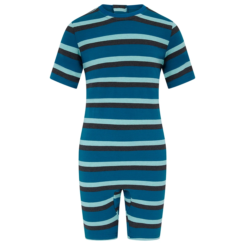 KayCey® Signature Stripes Short Sleeve Knee Length Zip Back Jumpsuit Tropical Teal-Jelly Mint-Charcoal