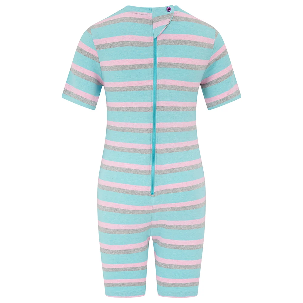 KayCey® Signature Stripes Short Sleeve Knee Length Zip Back Jumpsuit Jelly Mint-Pink-Grey