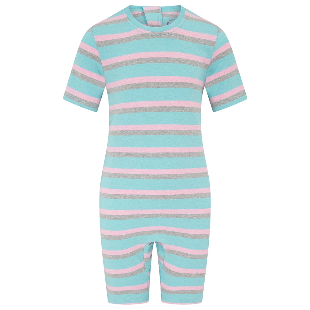 KayCey® Signature Stripes Short Sleeve Knee Length Zip Back Jumpsuit Jelly Mint-Pink-Grey