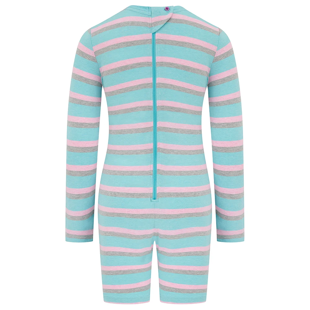 KayCey® Signature Stripes Long Sleeve Knee Length Zip Back Jumpsuit Jelly Mint-Pink-Grey